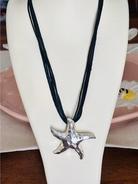 Hammered Starfish Pendant Necklace - Silver on Black Cord